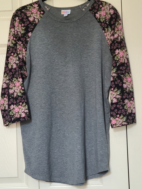 LuLaRoe Tops - Heather Gray Raglan Tee with Pink, Sage Green, & White Floral on Black Sleeves